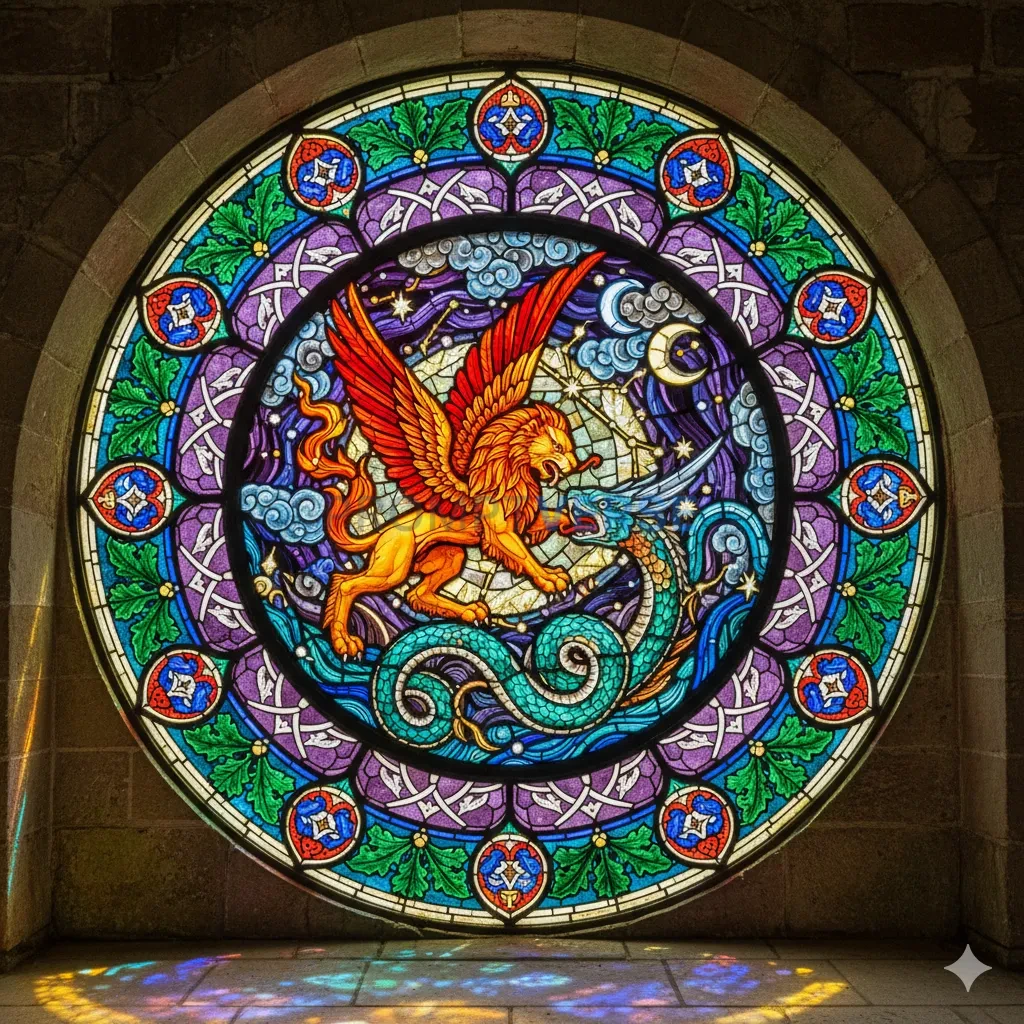 A beautiful, intricate stained glass window design, with vibrant color