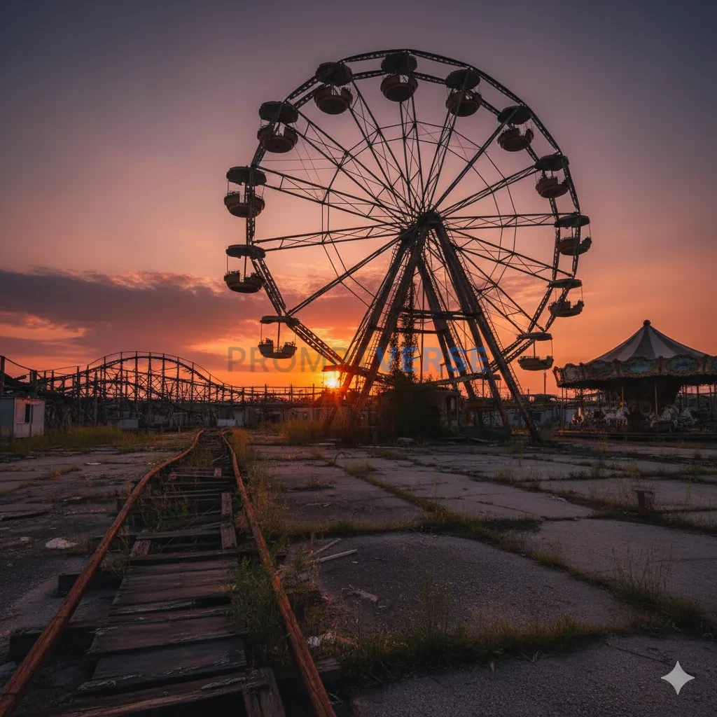 The quiet, melancholic beauty of an abandoned amusement park, with a r