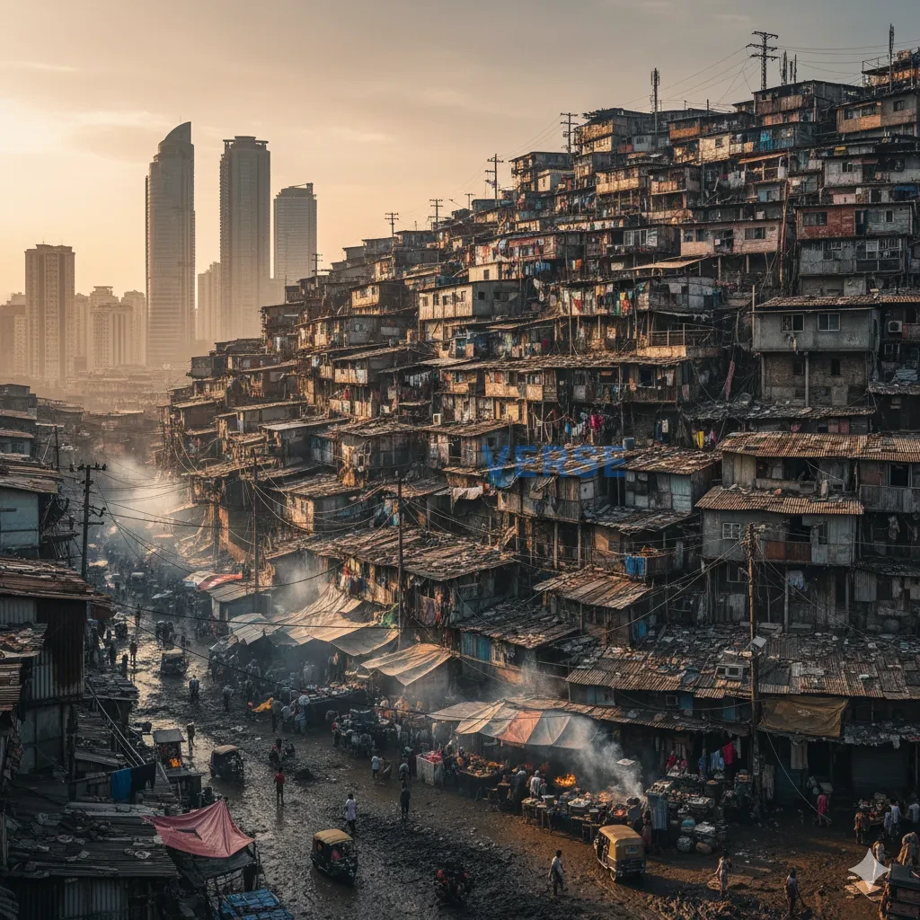 The chaotic, sprawling slums of a massive megacity, a vibrant but desp