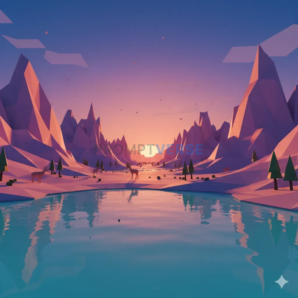A low-poly 3D render, a landscape with a stylized, geometric look, mad