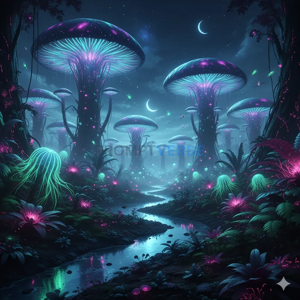 An alien jungle at night on a distant planet, with giant, bioluminesce
