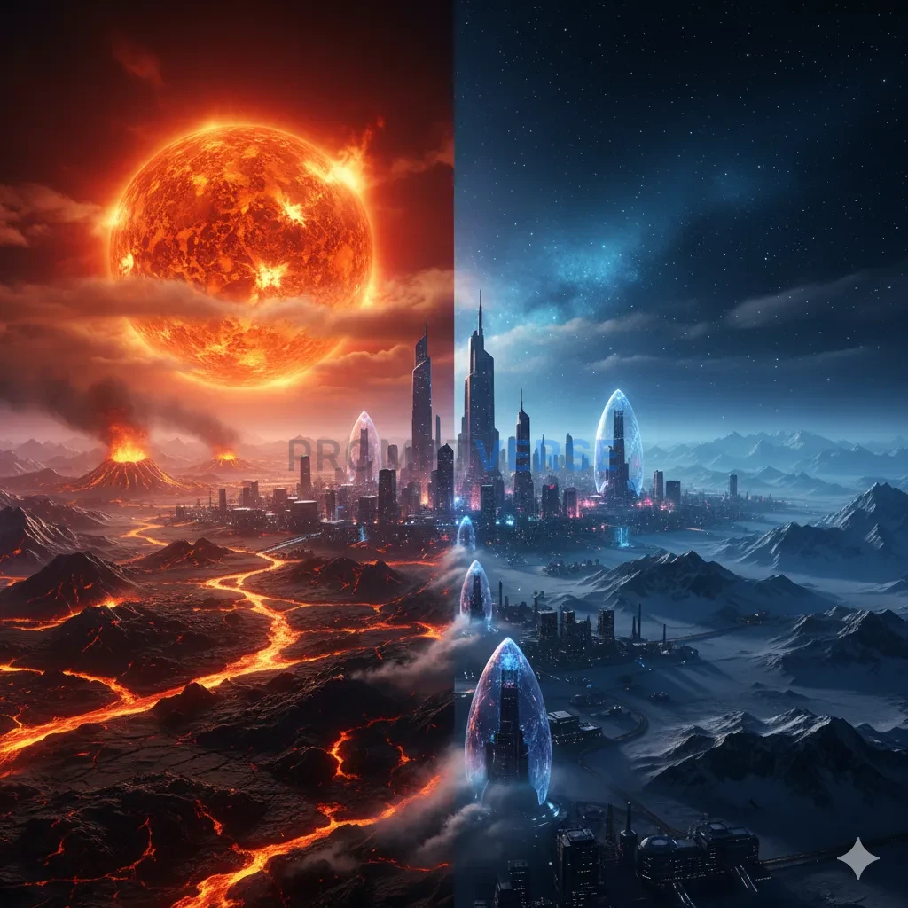 The surface of a tidally-locked planet, one side a scorched, molten ro