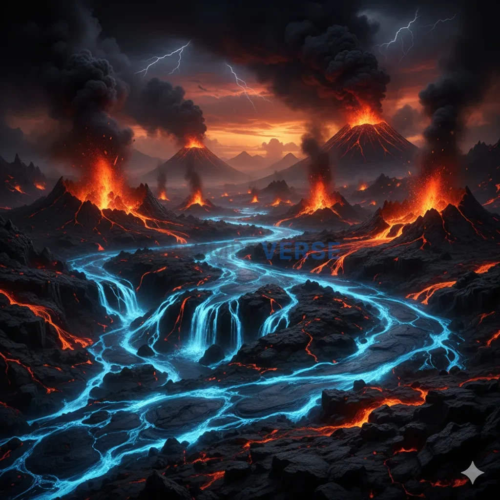 A volcanic world with a sky of black and orange, rivers of blue, sulfu