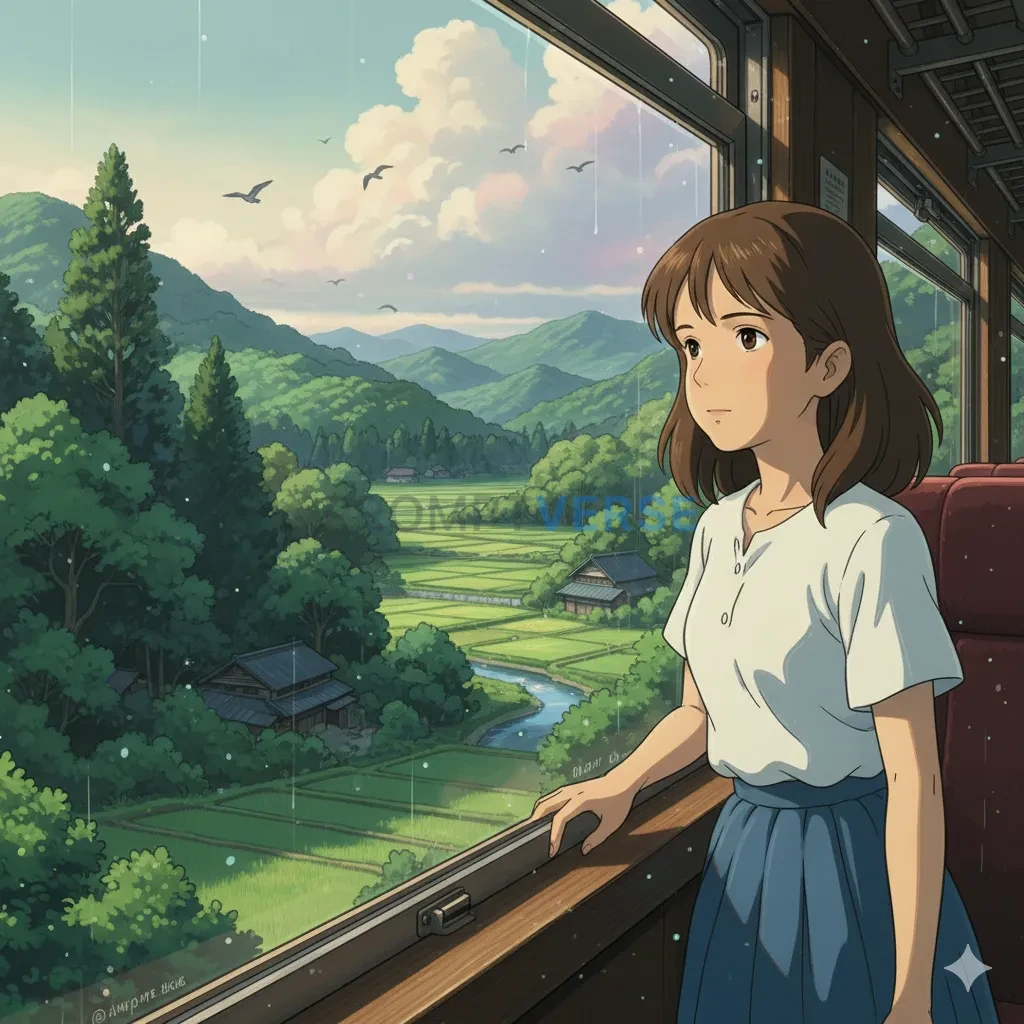 A beautiful, serene anime scene in the style of Studio Ghibli, a young