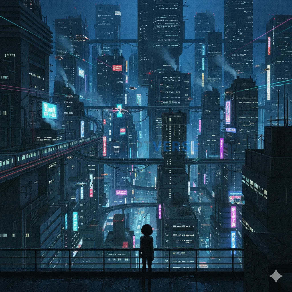 A dark, cyberpunk anime cityscape at night, with detailed, gritty back