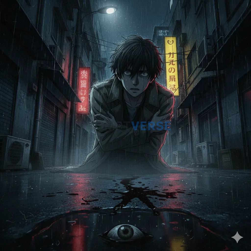 A dark, psychological thriller anime style, with unsettling camera ang