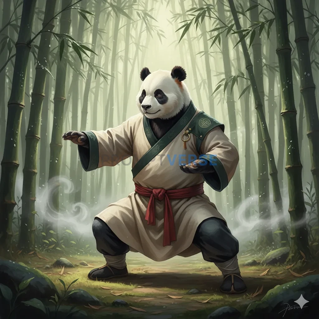 A serene, panda monk, practicing martial arts in a peaceful, misty bam