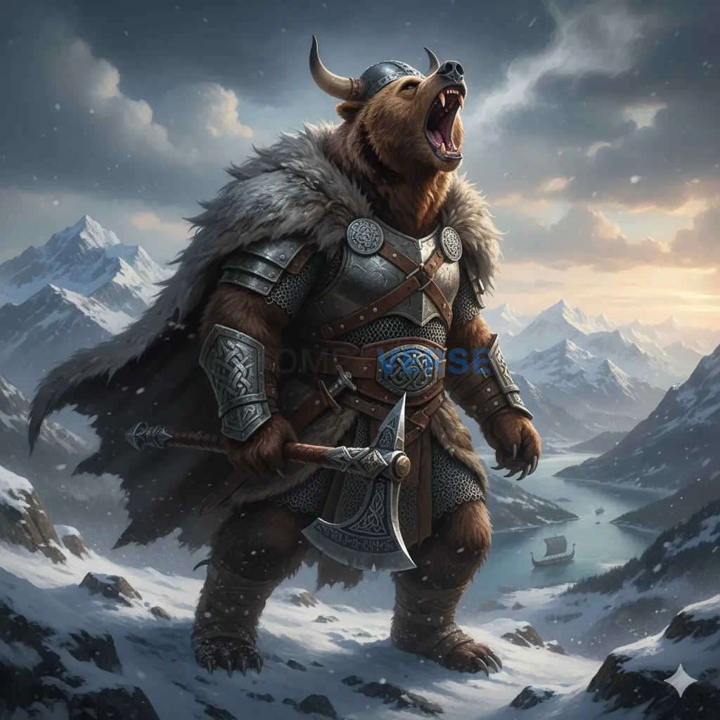 A powerful, bear chieftain in Viking-style furs and armor, letting out