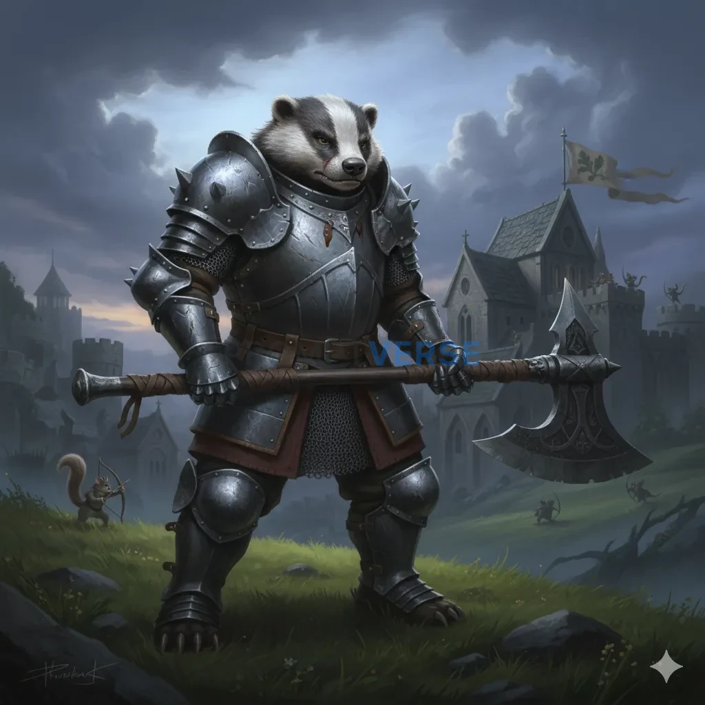 A tough, badger warrior in full, medieval-style plate armor, wielding 