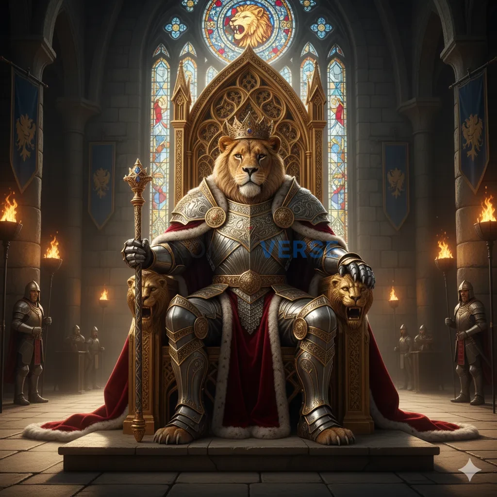 A lion king dressed in royal armor, sitting proudly on a golden throne