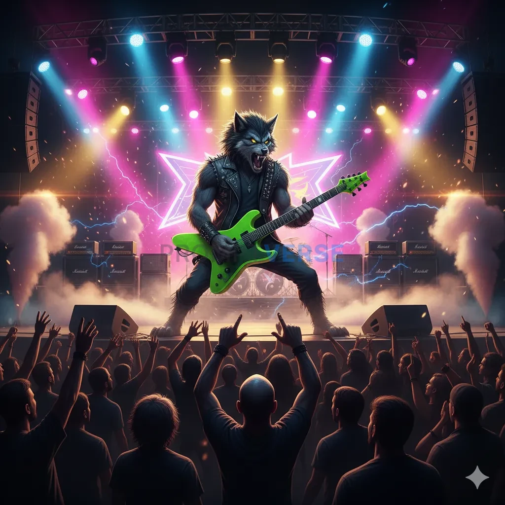 A wolf rock guitarist performing on stage under bright lights, with a 
