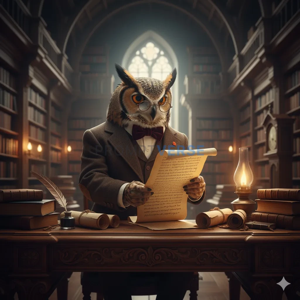 A scholarly owl wearing glasses and a tweed suit, reading ancient scro