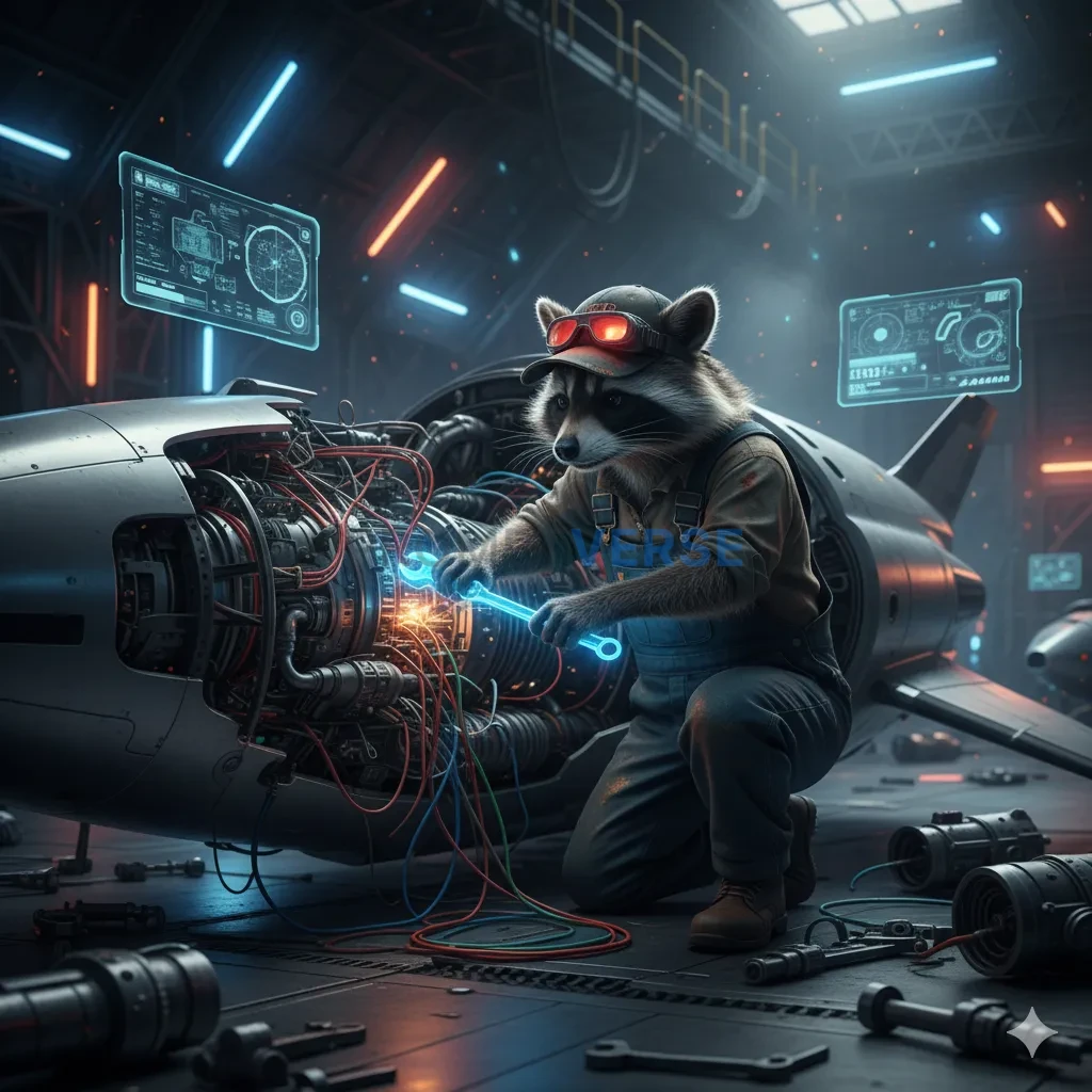 A raccoon mechanic with oil-stained overalls fixing a spaceship in a s