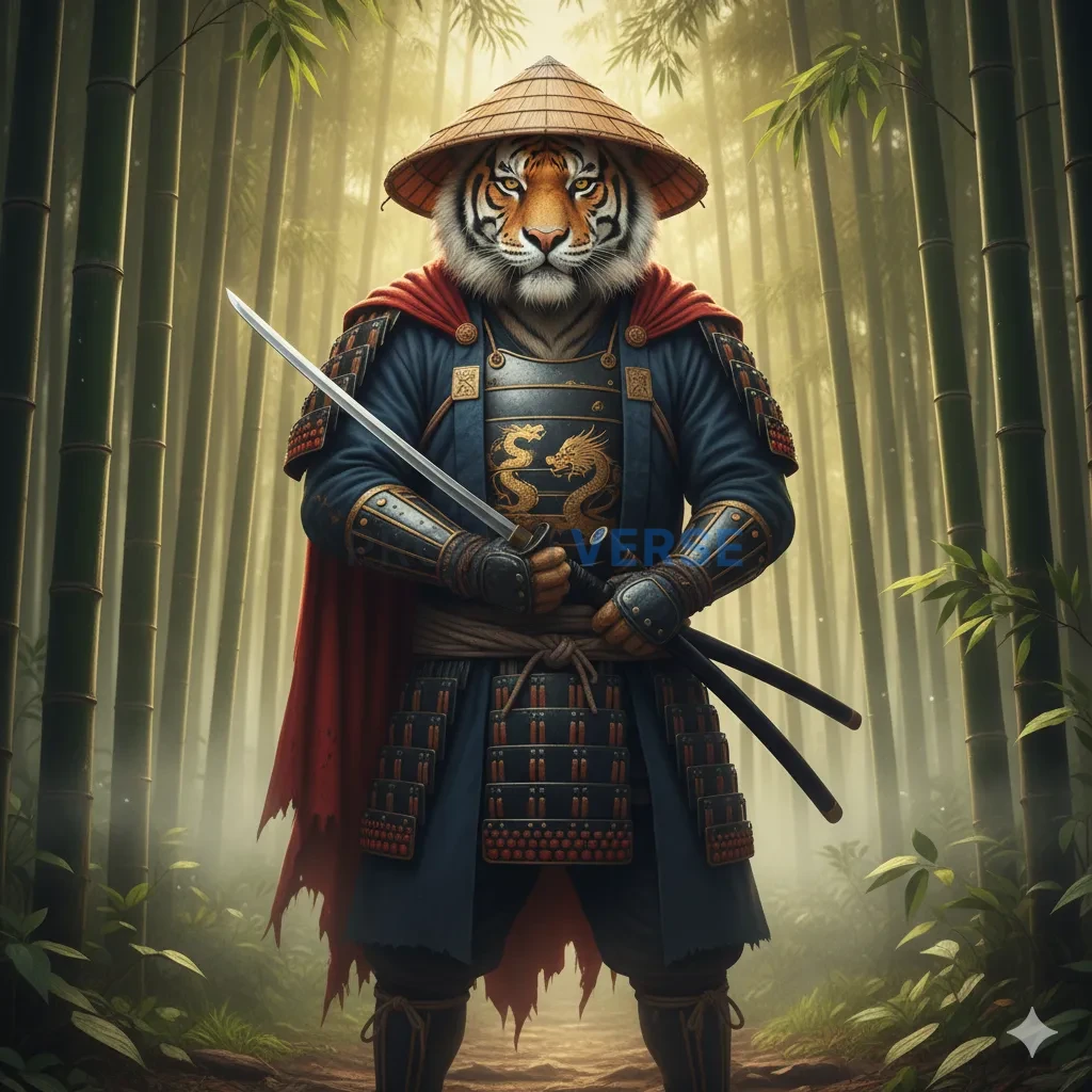 A samurai tiger standing in a bamboo forest at dawn, holding a katana 