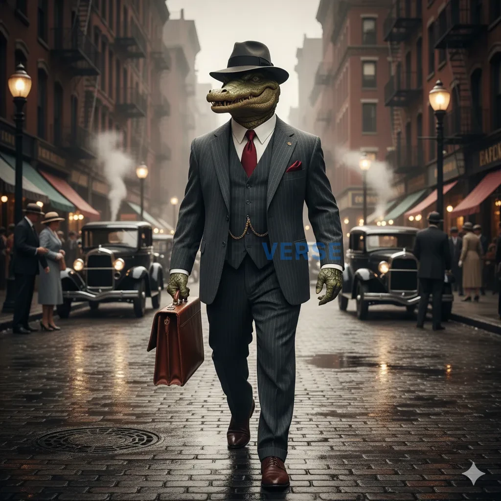 A dapper crocodile banker in a pinstripe suit, carrying a briefcase th