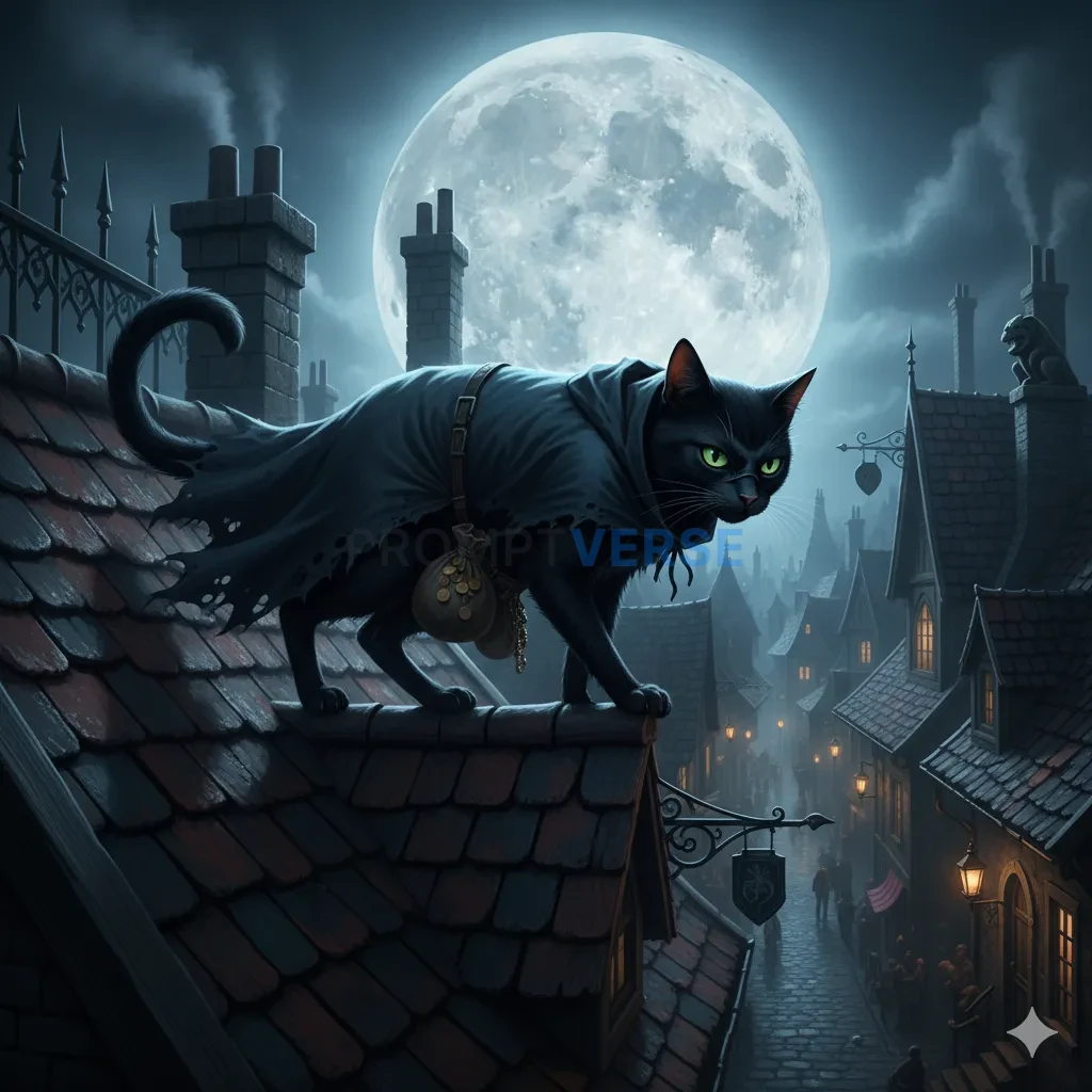 A mischievous cat thief wearing a mask and dark cloak, sneaking across