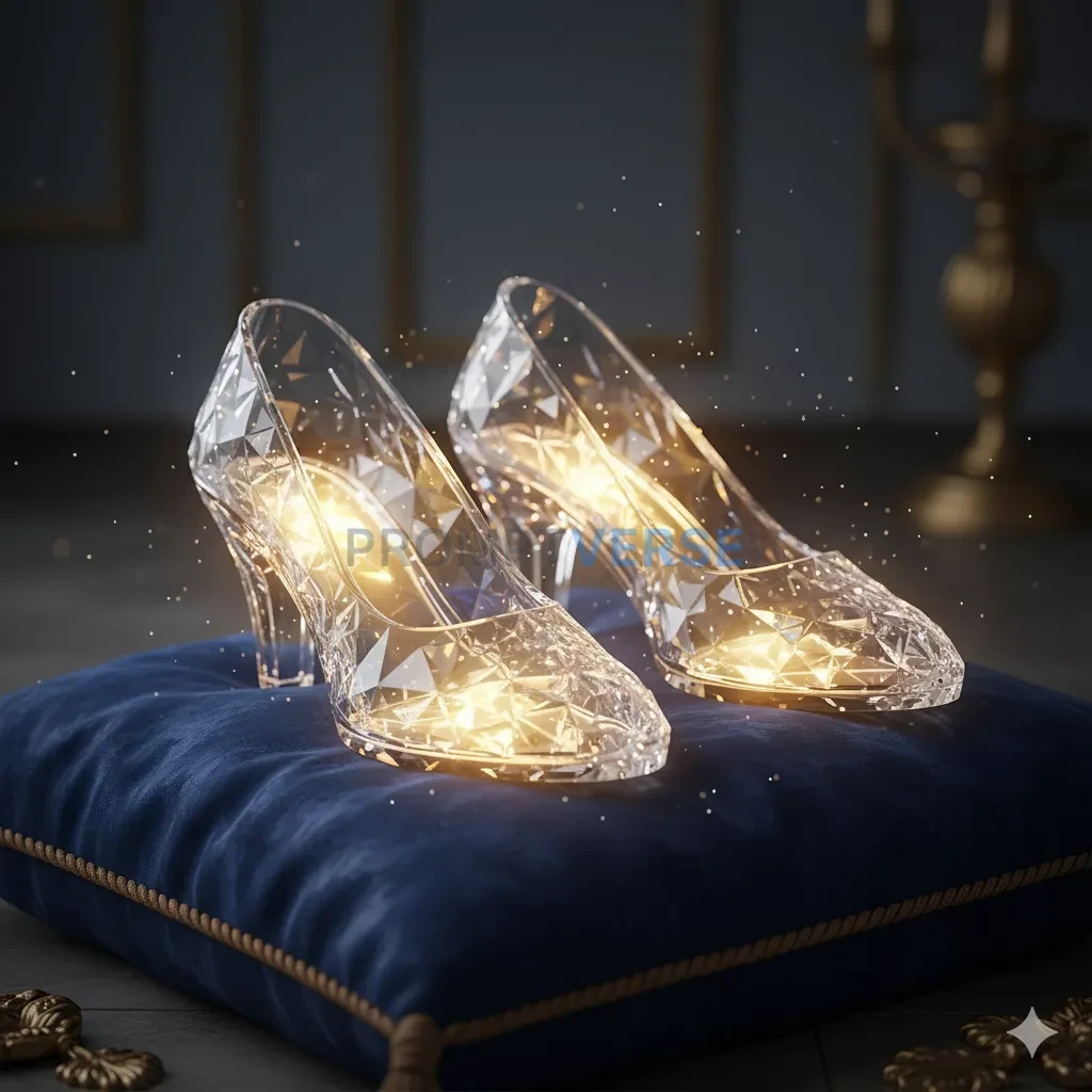 A pair of magical, sparkling glass slippers, sitting on a velvet cushi