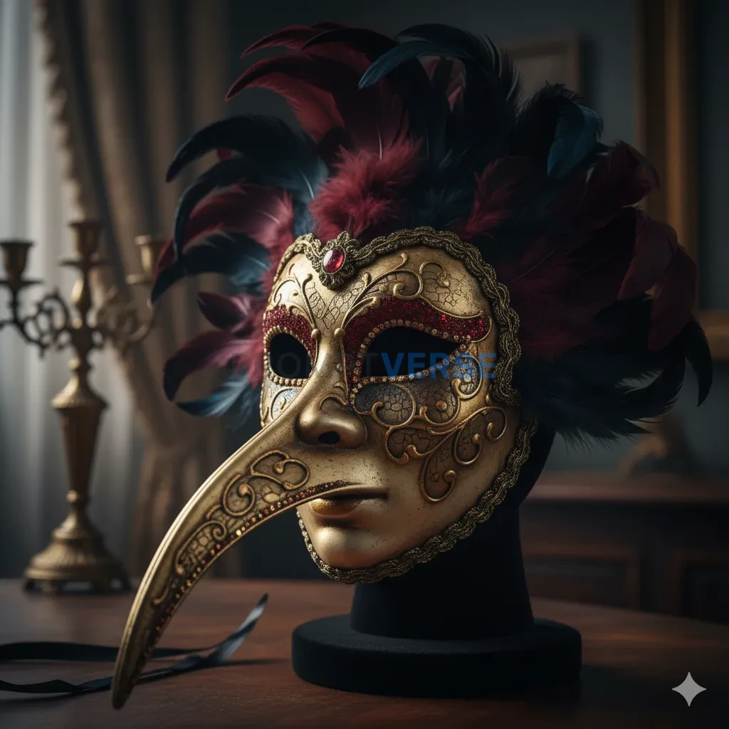 A mysterious, Venetian masquerade mask, intricately decorated with fea