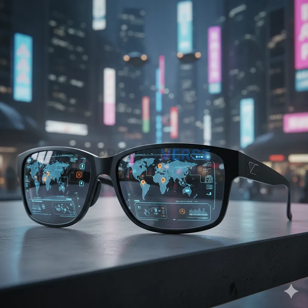 A pair of futuristic, augmented reality sunglasses, with data and icon