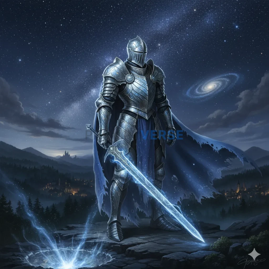 A knight whose armor is forged from a fallen star, glowing with a soft
