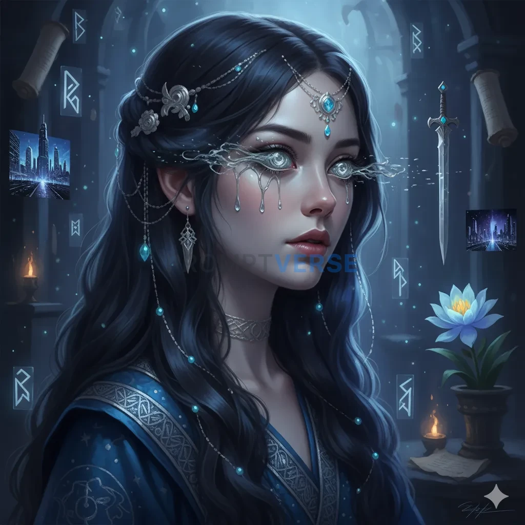 A young oracle whose eyes are pools of liquid silver, reflecting glimp