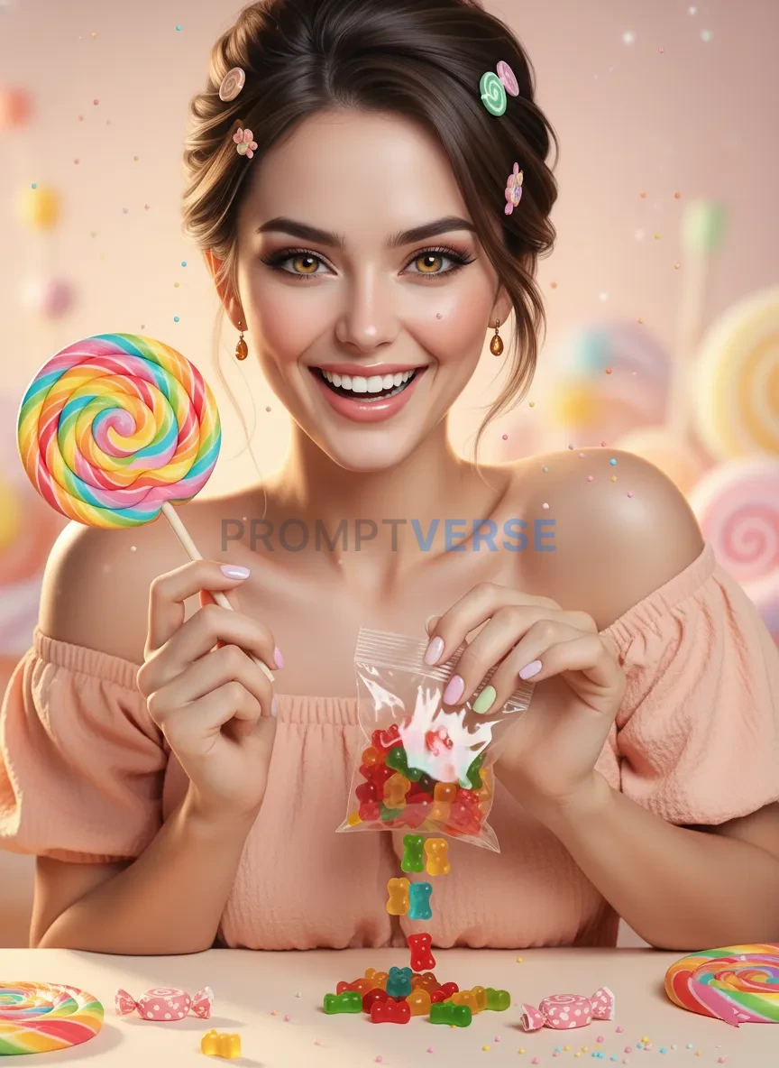 Playful woman in peach outfit holding candy props, sweet energy concep