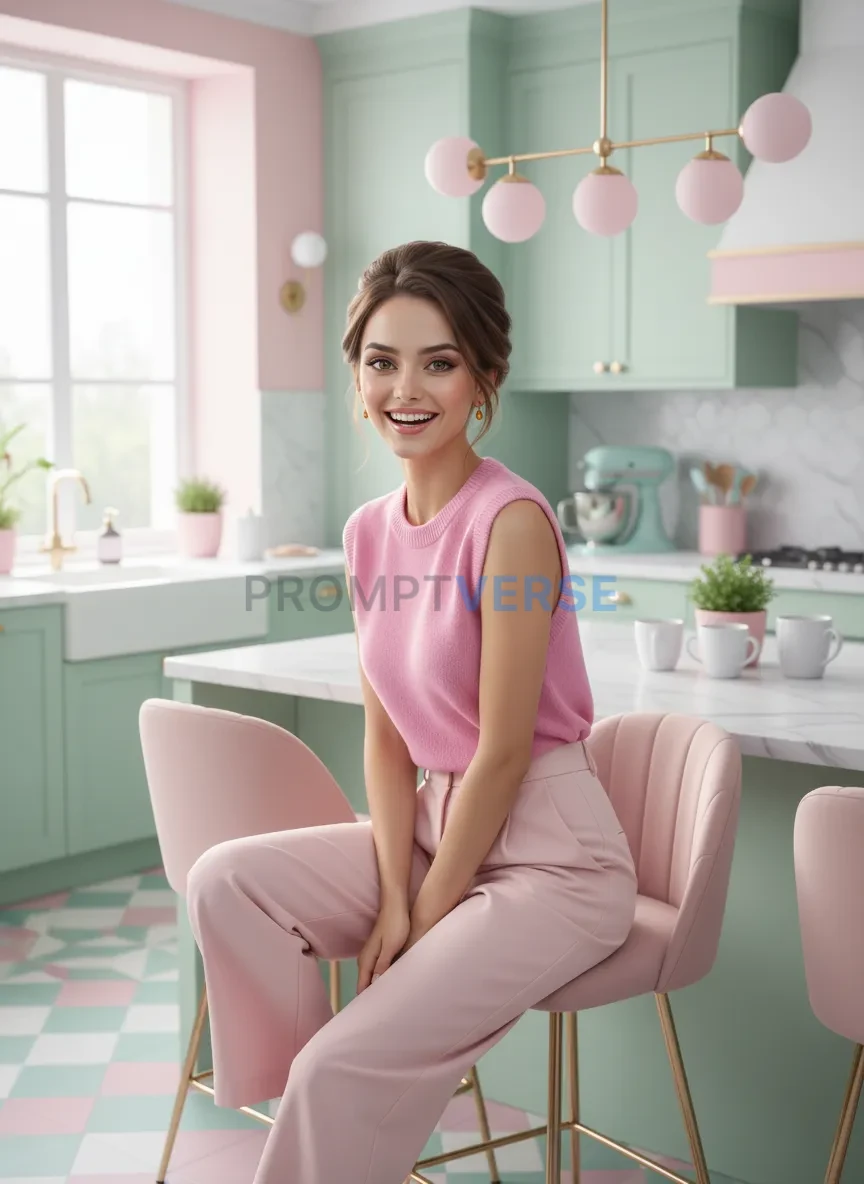 Woman sitting in pink kitchen interior, smiling, vibrant pastel tones,
