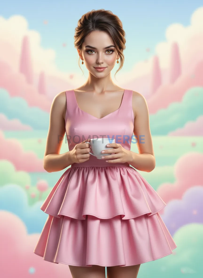 Cute girl wearing pink mini dress holding a coffee cup, pastel backgro