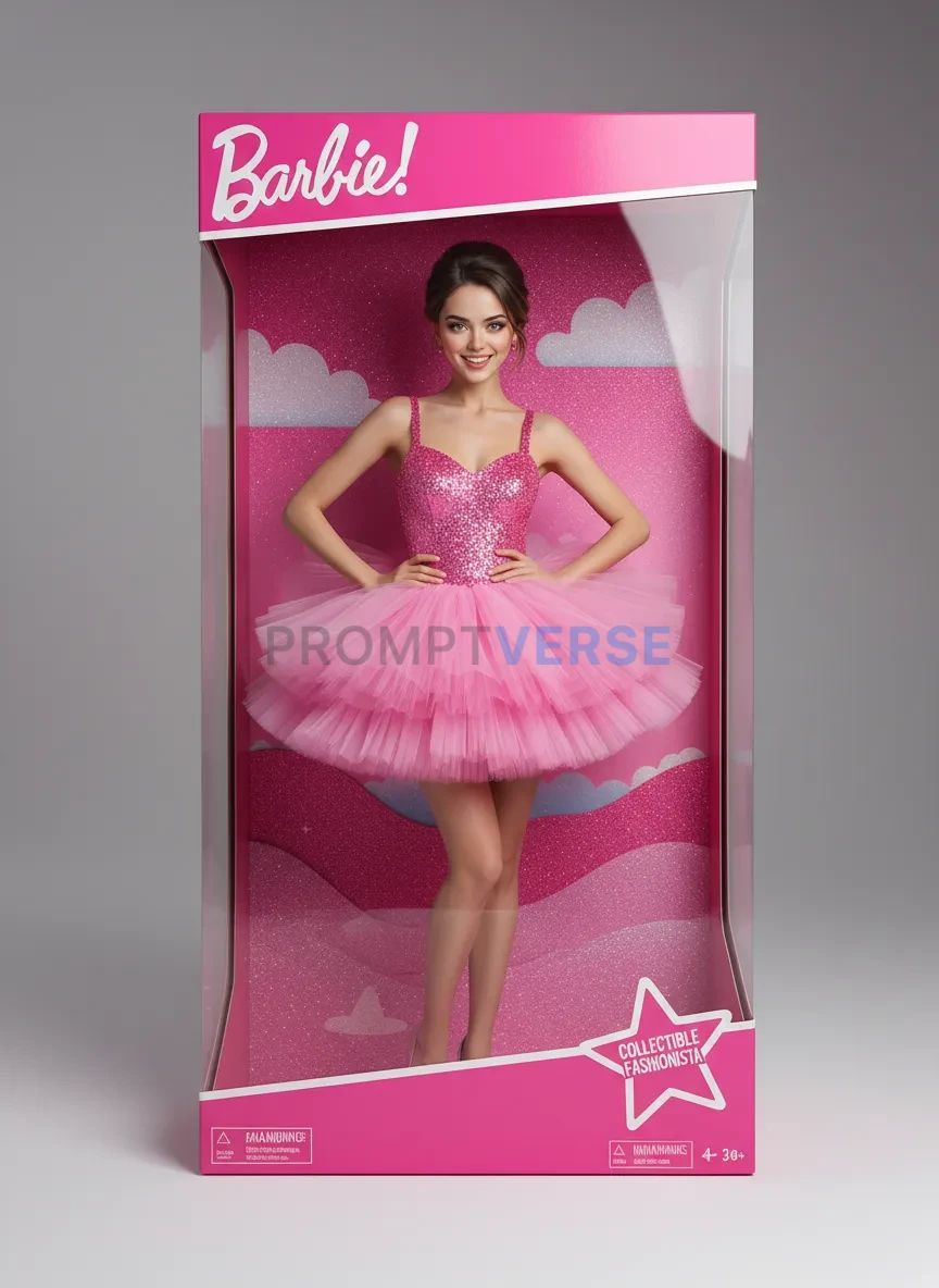 Woman dressed in pink tutu dress posing in a Barbie-style box, playful