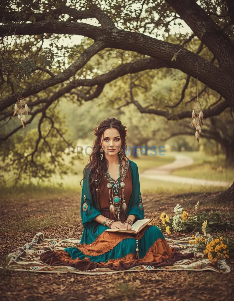 bohemian-style woman sitting under a tree, soft bokeh background, vint