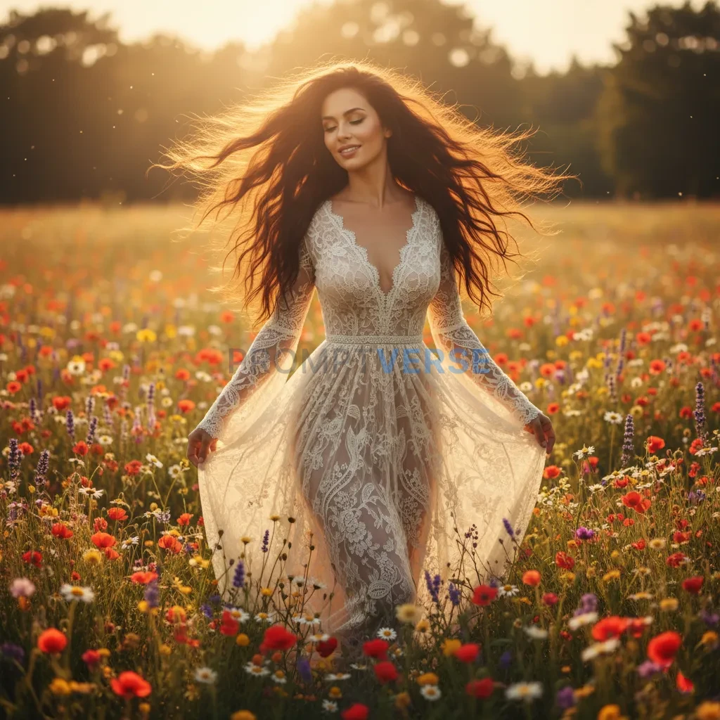 bohemian woman with windswept hair wearing a lace dress, surrounded by