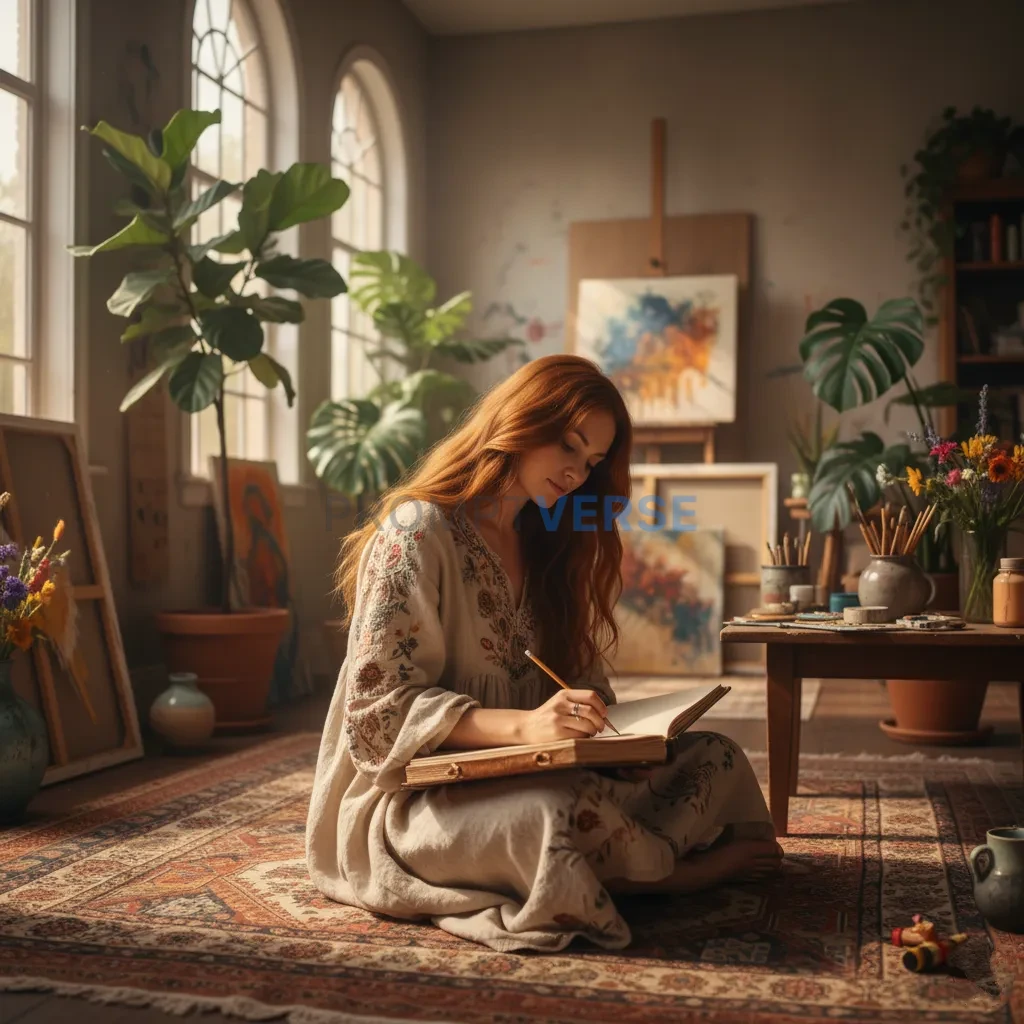 A woman with long, flowing hair and a loose, embroidered linen dress, 