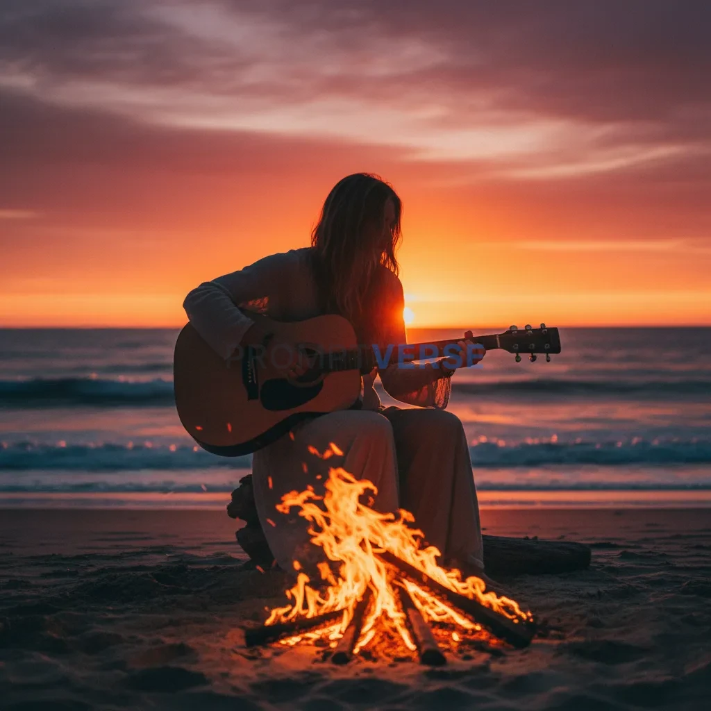 Candid shot of a free-spirited woman playing an acoustic guitar by a b