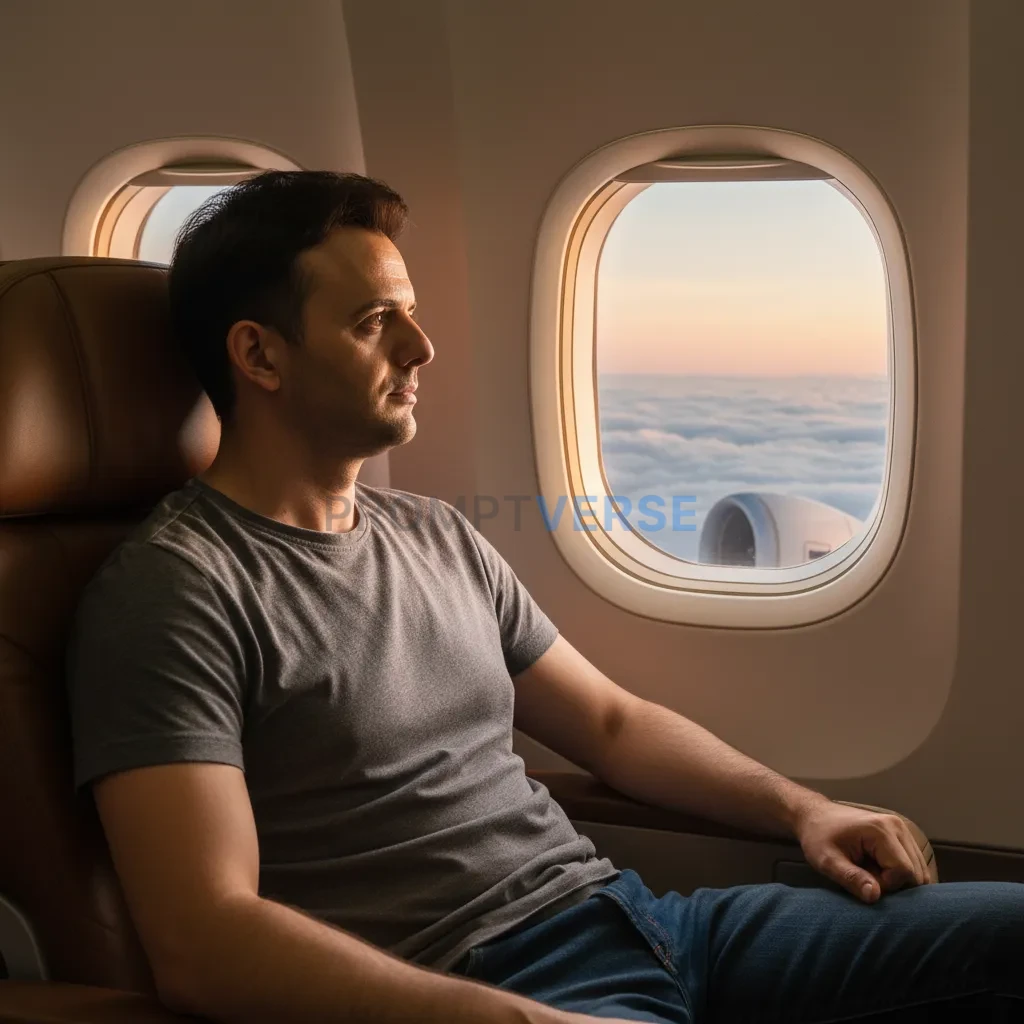 Casual man sitting by an airplane window, gazing outside, luxury trave
