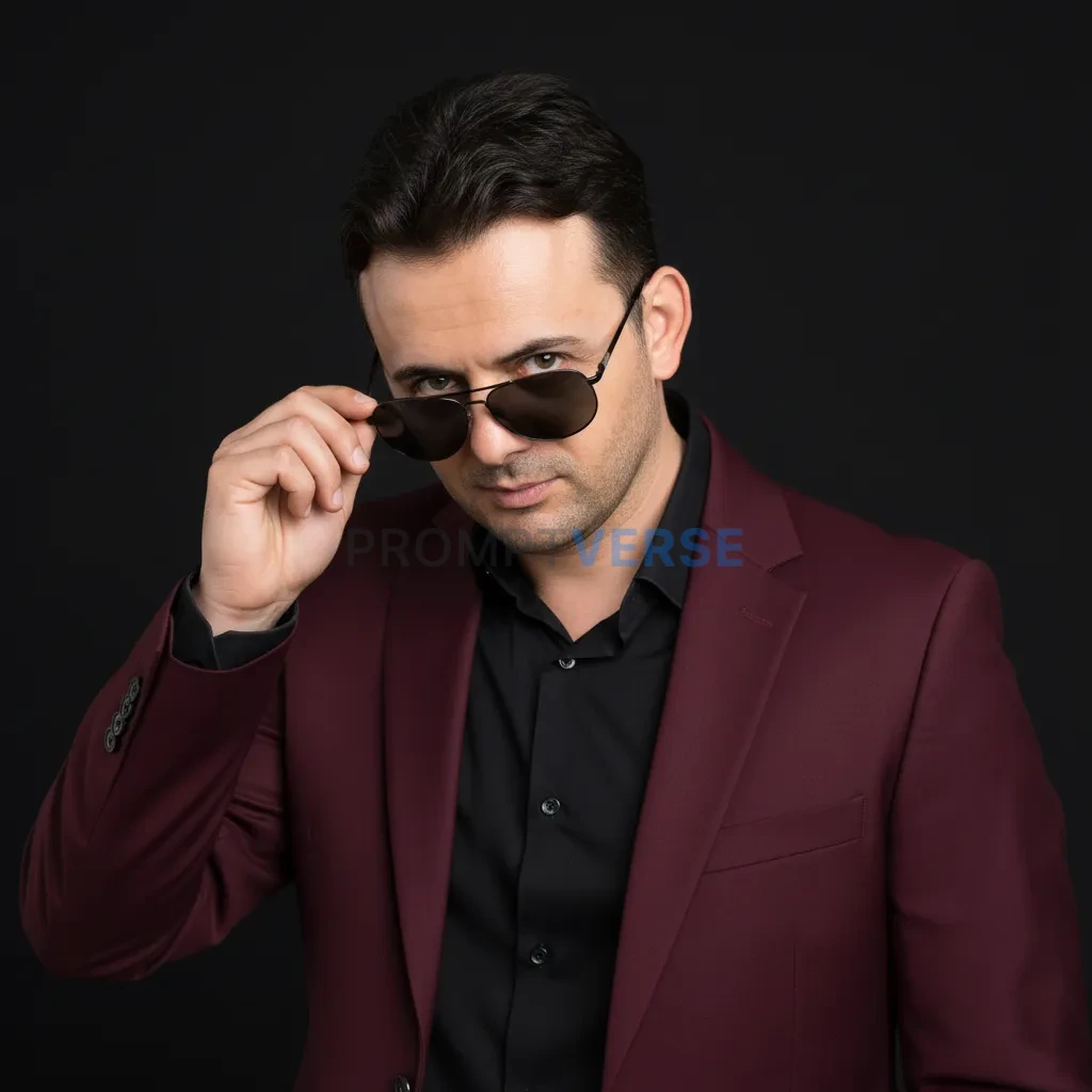 Man adjusting his sunglasses while wearing a maroon blazer, confident 