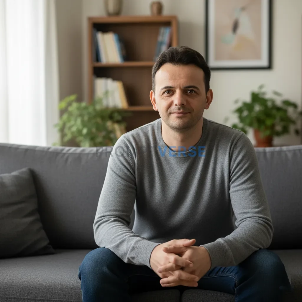 Casual man wearing a grey sweater and jeans, sitting on a couch in a c