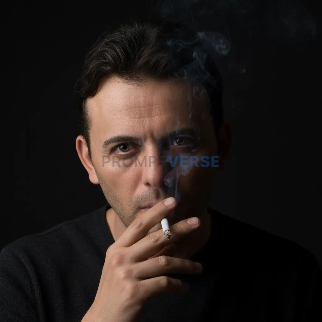 Dark cinematic portrait of a man smoking, dramatic lighting, intense m