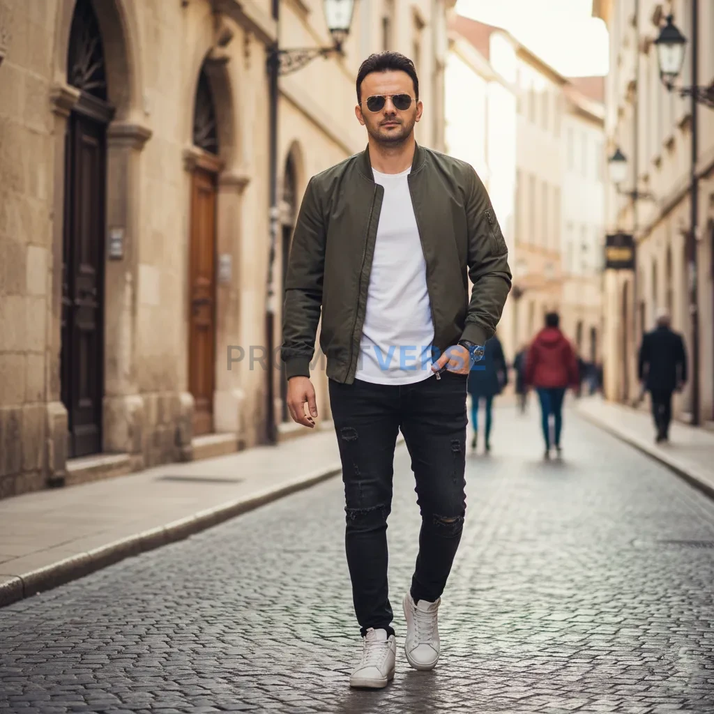 A man walking in a historical city street wearing stylish casual cloth