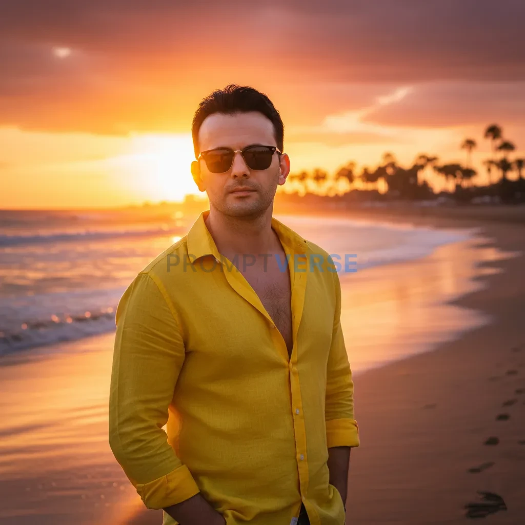 Stylish young man wearing a yellow shirt, open buttons, standing near 