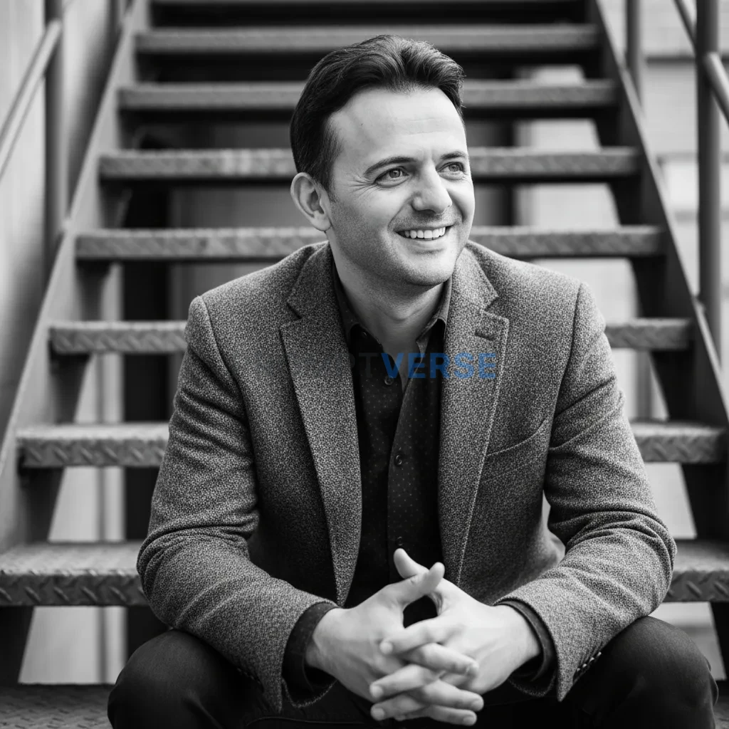 A black and white portrait of a smiling man, cinematic portrait, weari