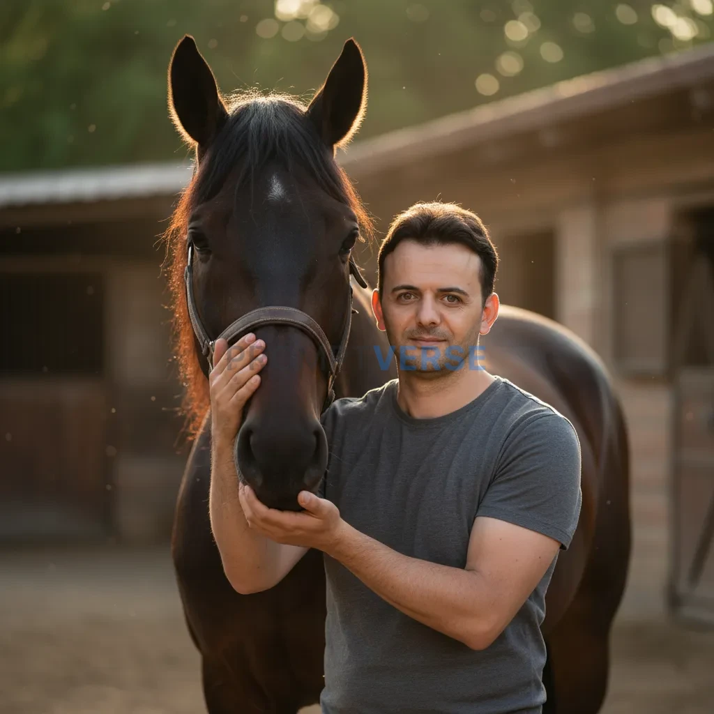 cinematic portrait in front of horse holding its muzzle