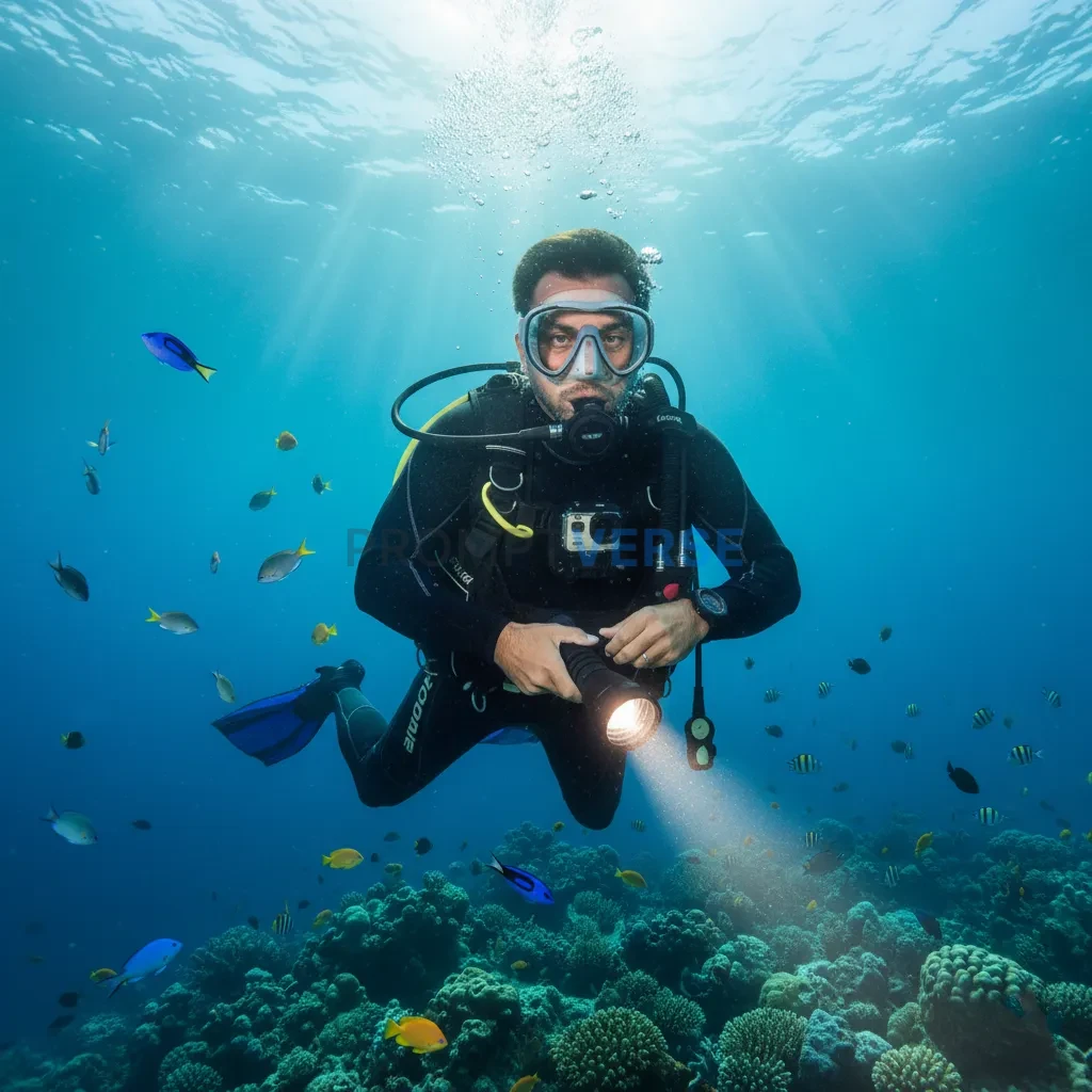 Ultra-detailed portrait, man underwater during a dive, soft beams of l