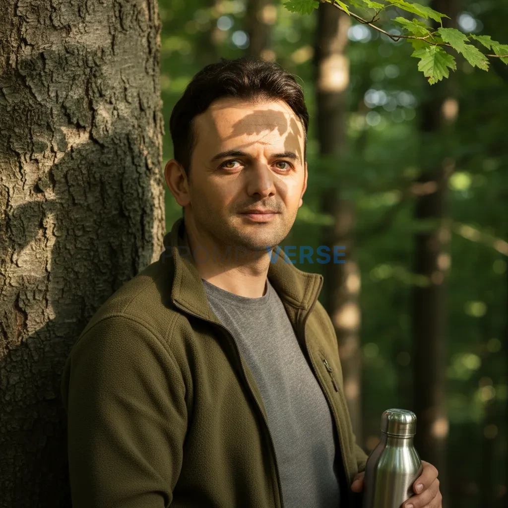 Cinematic close-up, man resting against a tree in hiking gear, water b