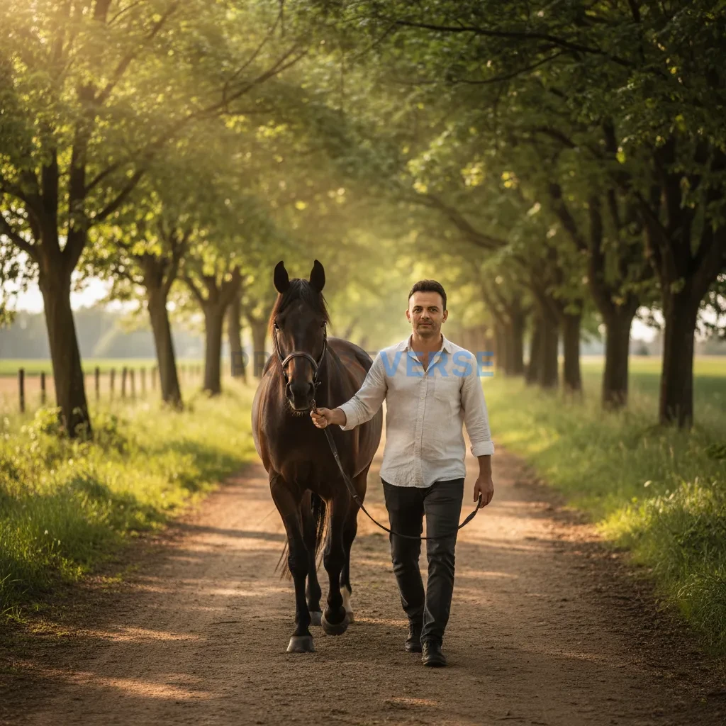 High-quality portrait, man walking with a horse along a rural dirt pat