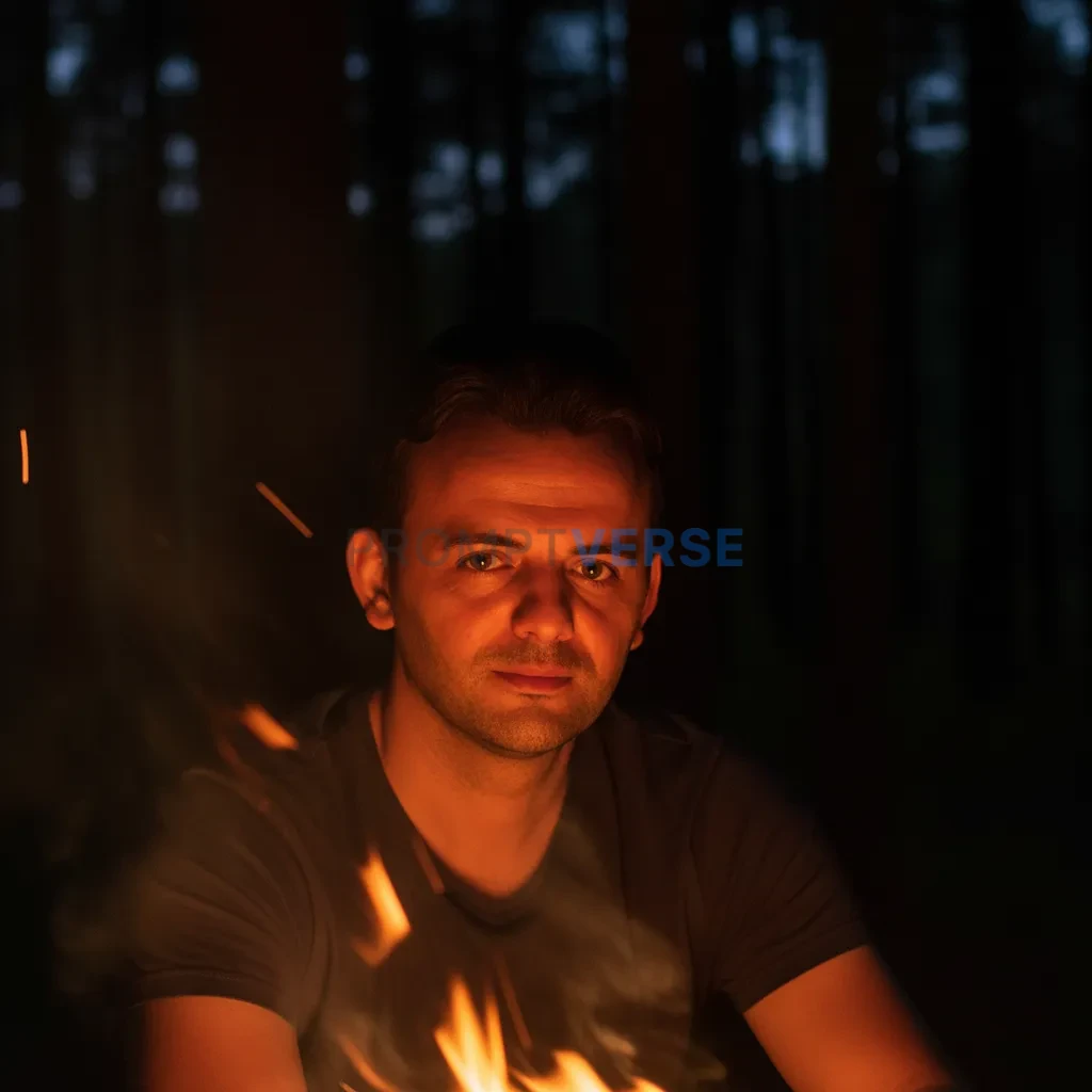Cinematic headshot of a man camping at night, warm firelight illuminat