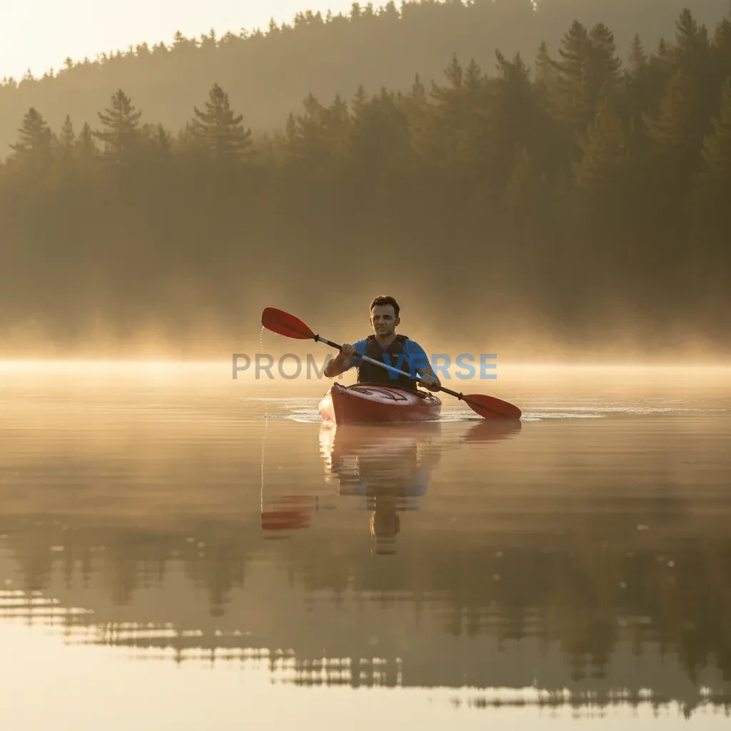Cinematic portrait of a man kayaking on a calm lake, soft mist rising 