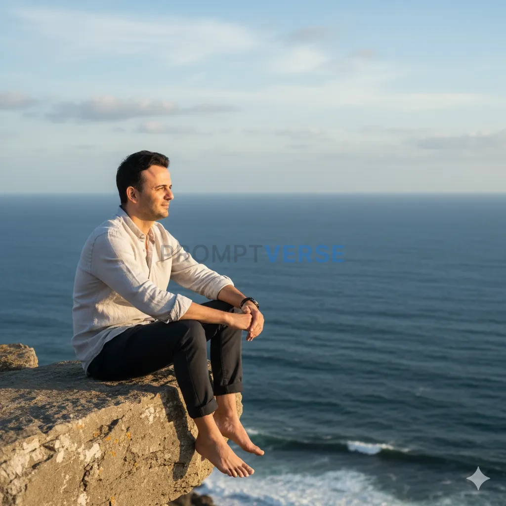 High-quality portrait, man in casual linen shirt sitting barefoot on a