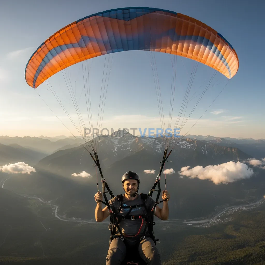 Editorial portrait of a man mid-air during paragliding, GoPro-style pe
