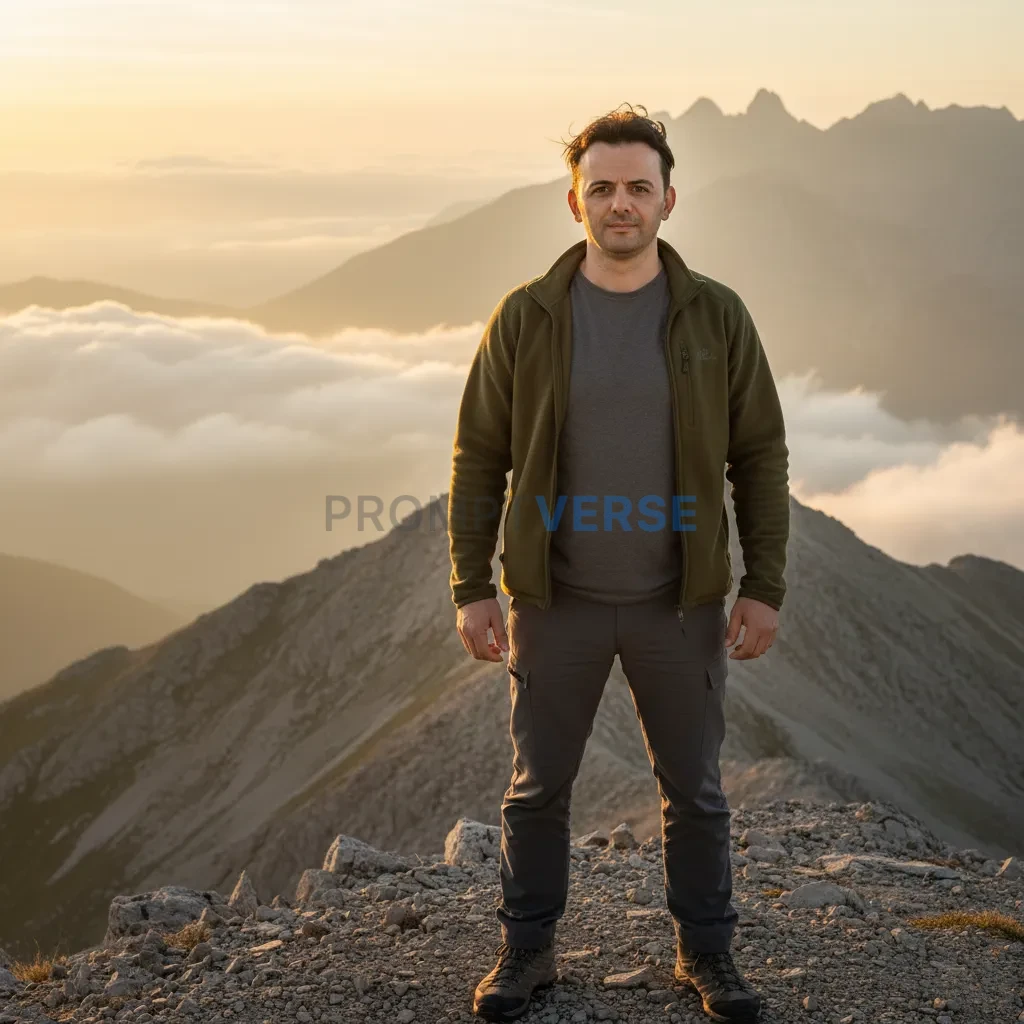 Ultra-detailed portrait of a man standing on a mountain peak in casual