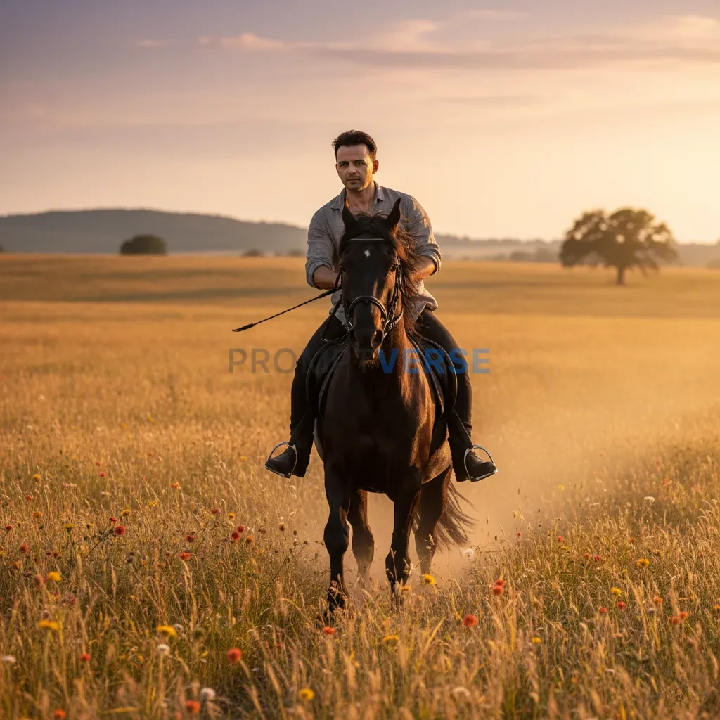 Cinematic portrait of a man riding a majestic black horse through an o